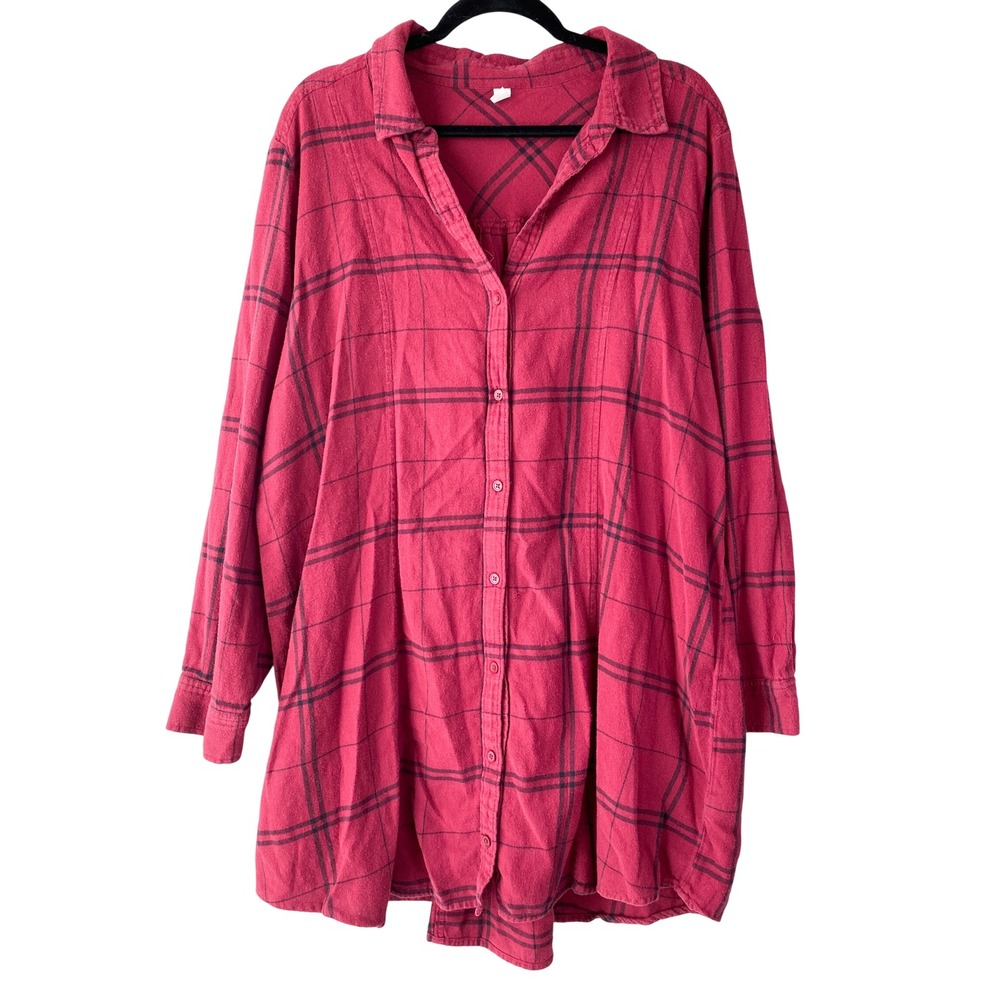 BP Nordstrom Plaid Flannel Button Up Tunic Shirt 1X Red Black Western Lumberjack
